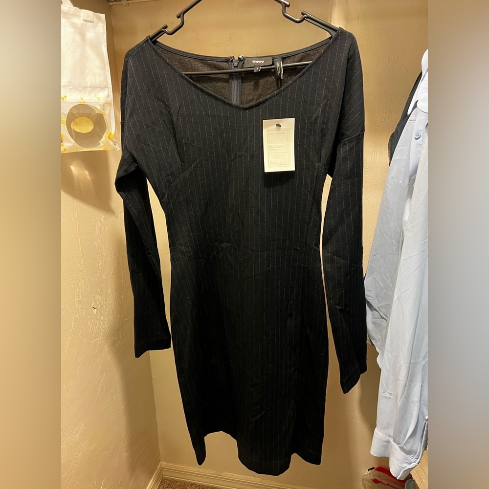 Theory Charcoal Pinstripe Long Sleeve Dress